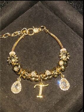 Gold Charm Bracelet with Initial “T” Pendant - Women Jewelry